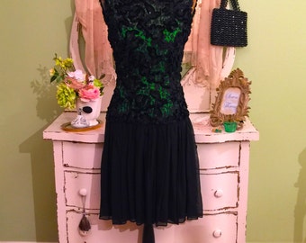 Emerald Green Chiffon Dress, Vintage Evening, Elegant Formal Dress, MS-M, Classy Evening Dress, Black Beaded Dress, Elegant 50s Dress