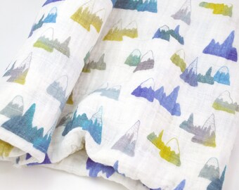 Muslin Swaddle Blanket in Mountain - made from 100% cotton double gauze - 45" square