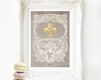 Fleur de lis French art print, vintage decor in grey, white and gold, A4 giclee