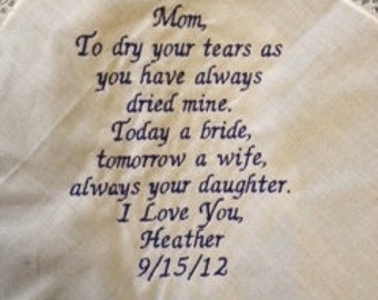 Mother of the Bride LACE SCRIPT Heirloom Personalized Wedding Handkerchief Custom Embroidered
