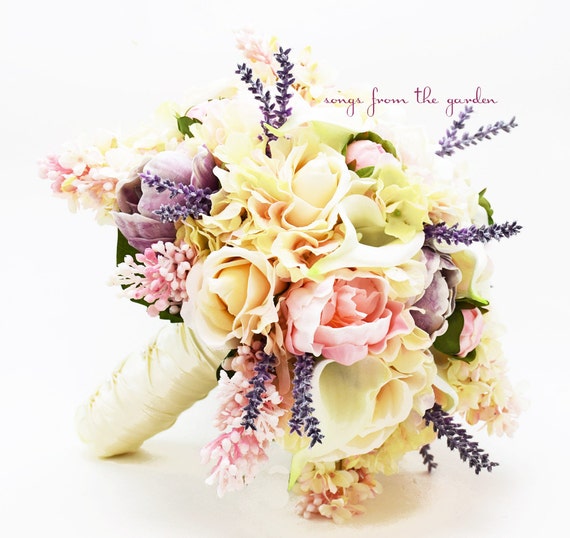 Real Touch Bouquet Lavender Peonies Ivory Roses Pink Lilac