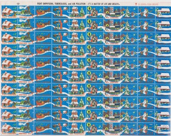 1972 Christmas Seals Issued by American Lung Association, Full sheet of 100 Seals, Vintage Ephemera