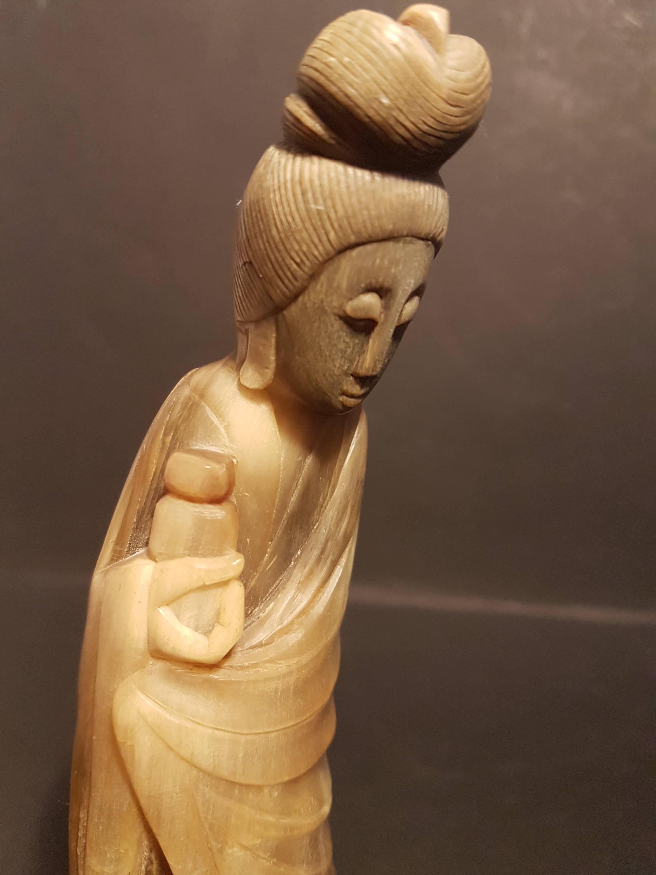 A Chinese Guanyin Buffalo Horn Carving of Guanyin Yak Buffalo
