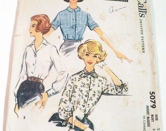 1950s Front Button Short long sleeve blouse Convertible neckline Rockabilly Shirt sewing pattern McCalls 5079 Size 12 Bust 32"
