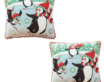 Set of 2 Skating Penguins Christmas Throw Cushion Pillow Covers