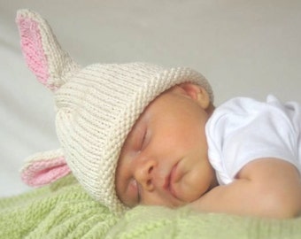 READY TO SHIP Boston Beanies Bunny Hat, Knit Pink White Cotton Baby Hat, great photo prop