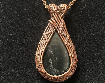 Black wire wrapped pendant necklace copper stone jewelry