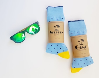 Blue Polka Wedding Socks / Best Man Socks / Custom Men's Socks / Groomsmen Gifts / Wedding Favors with Personalized Band / Cold Feet Socks
