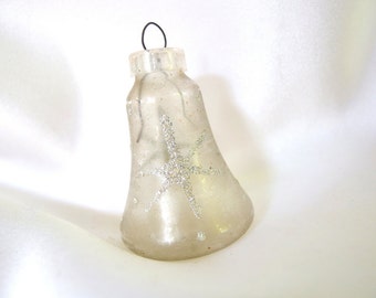 Vintage Christmas Ornament, Silver Glitter Snowflakes on Clear Bell Austria Ornament