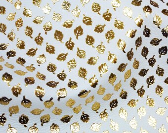 Leather 8"x10" small GOLD LEAVES Metallic on WHITE King full grain Cowhide 3-3.5 oz / 1.2-1.4 mm PeggySueAlso™ E3950-01