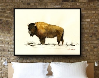 Amerikanische Büffel Gemälde - bis zu 40"- große Größe Aquarell Malerei Kunst Mauer - Buffalo Bisons Wald Tier - von Juan Bosco