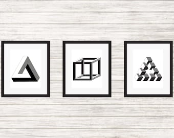 Penrose Triangle, Necker Cube & Reutersvard's Triangle - 3 Impossible Geometries - Wall Art, Print, Poster, Printable PDF+JPG