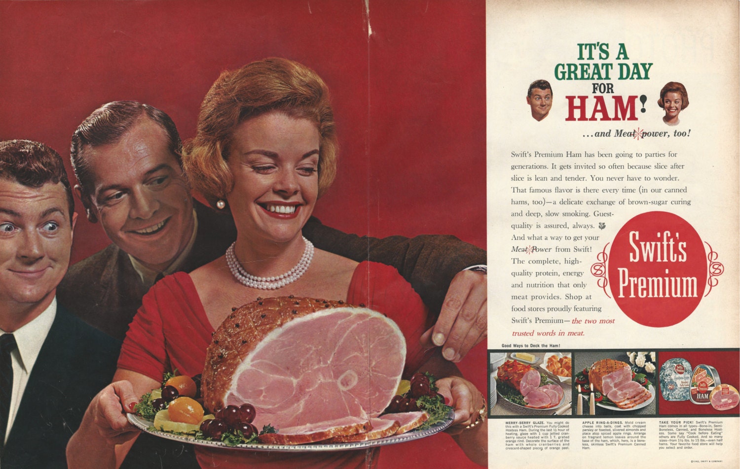 SWIFT'S PREMIUM HAM Original 1962 Vintage Extra Large Color Print Ad "It's A Great Day For Ham