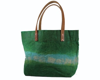 Large Waxed Canvas - Green/Turquoise - Leather handles