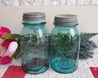 2 Vintage Aqua Blue Quart Sized Ball Perfect Mason Jars with Zinc Lids