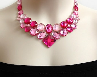 pink bib rhinestone necklace, wedding, bridesmaids, prom necklace, gift or for you