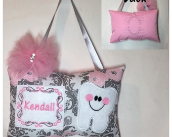 Tooth Fairy Pillow Pink Gray Floral Damask Toothfairy Pillow