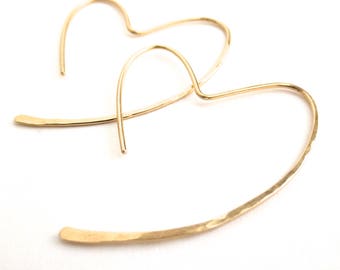 Gold Heart Hoops. 14k gold filled open heart hammered hoop earrings. Gold Heart Earrings