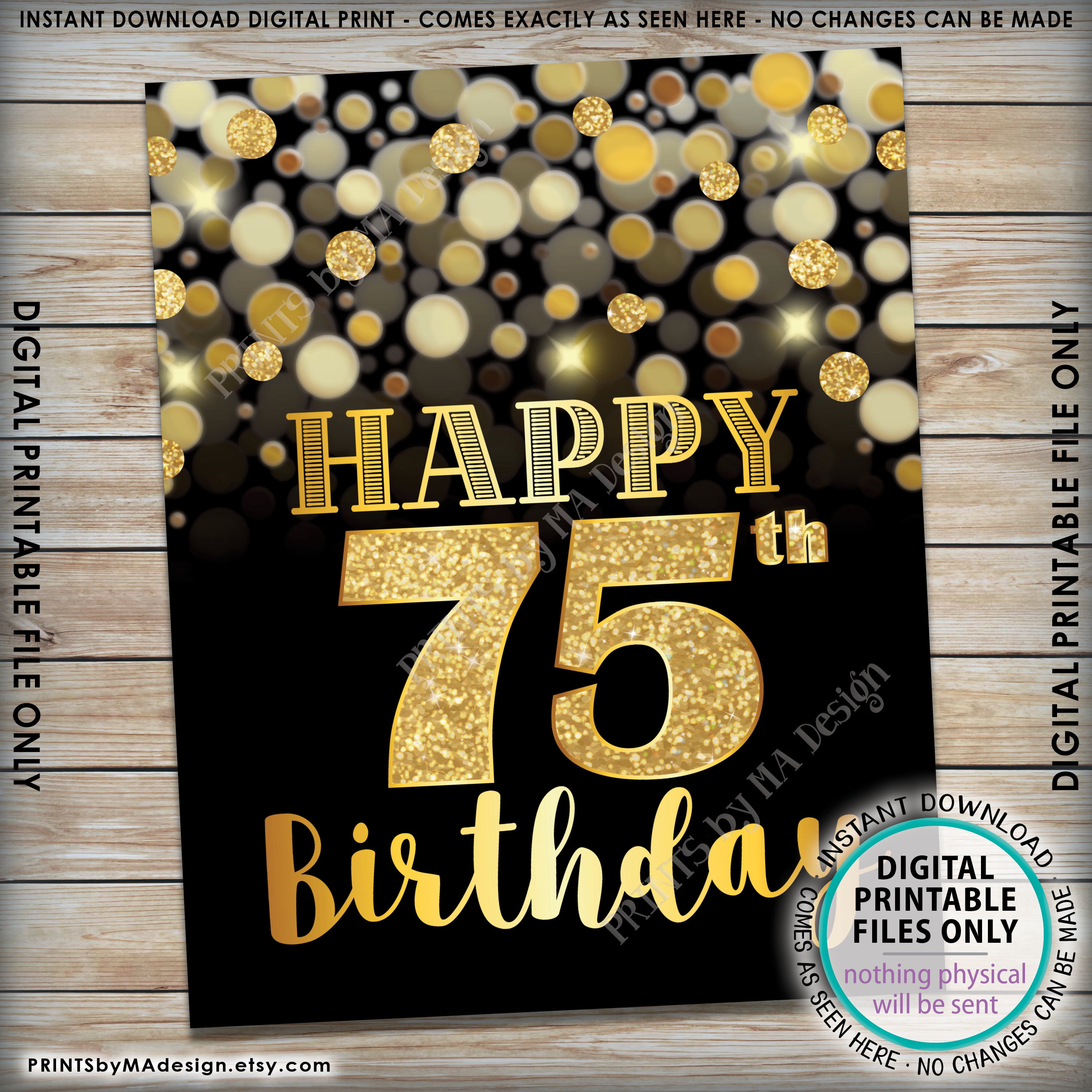 75th Birthday Sign, Happy Birthday, 75 Golden Birthday Card, 75 Years ...