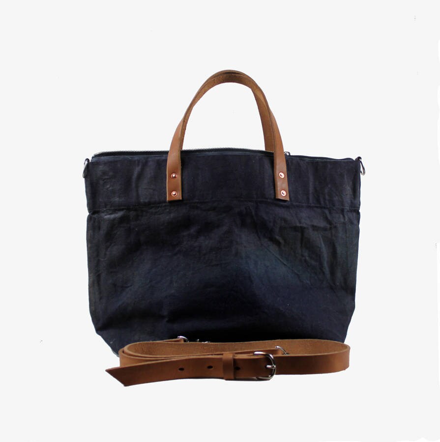 Large Waxed Cotton Canvas Tote Bag w/Liner Navy/black