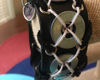 Riveted Black leather snap cuff handmade Kismet bracelet w/ suede straps, washers and twine cris-crosses, When will you get your Kismet on?