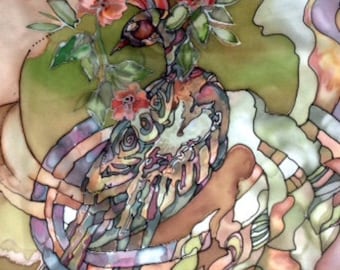 hand painted silk scarf Bird in the summer garden-inspiration in nature-bird,blossom,summer,original artwork-nature colors,soft tones