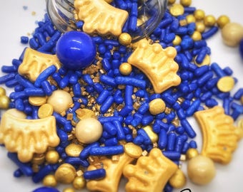 Royal blue and gold sprinkles, royal blue baby shower, Royal blue party decorations , royalty, sprinklemix, crown sprinkles, prince themed,