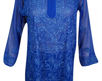 Royal BLUE Georgette Tunic Floral Hand Embroidered Summer Style Hippie Chic Blouse Top M