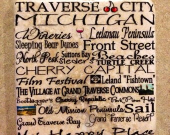 Traverse City Michigan subway art tumbled tile coasters, set of 4.