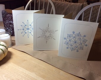 Handmade Embroidered Holiday Snowflake Cards, Set of 3