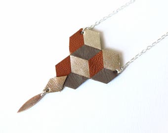 Long Necklace, Rhombuses, Geometric, Leather, Camel, Taupe, Gold