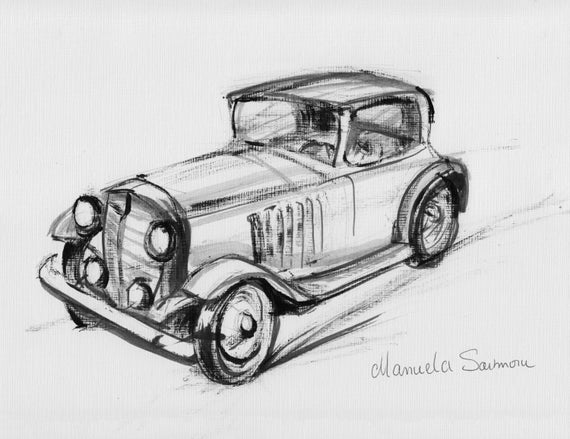 Classic Car Drawing Original Print Expensive Automobile Old