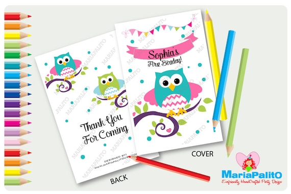 6 Owl Coloring Books First Birthday Party Personalized