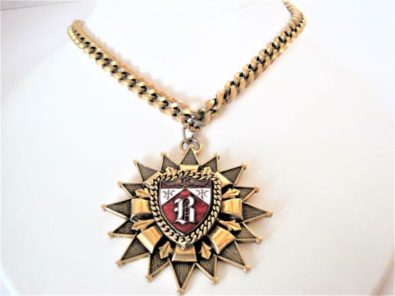 Heraldic Shield Necklace, Signed Brookraft, Gold Tone Metal , B Shield - 60's Pendant