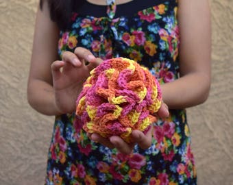 Crochet bath pouf multicolor orange yellow pink cotton shower puff scrub ball bath sponge shower scrubby handmade gift for friend