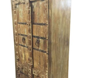 Antique Wardrobe Old Doors Indian Furniture Iron Storage Cabinet nATURAL WOOD Decor CLEARANCE SALE