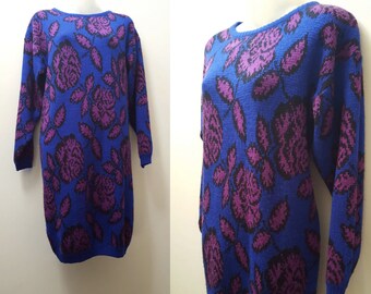 Vintage Sweater Dress / 90s Blue and Purple Floral Sweater Dress