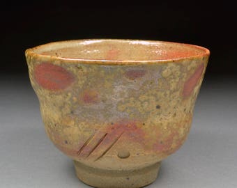 Interesting Handmade Stoneware Yunomi Tea Cup Glazed with Shino, Wood Ash, Copper and Rutile