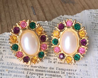 Pearl and Rhinestone Earrings | Multicolor Clip Earrings | Spring Colors
