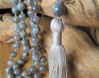 108 Bead Labradorite Mala, Hand Knotted Mala, Tassel Necklace, Long Necklace, Yoga Jewelry, Japa Mala, Meditation, Bohemian Necklace