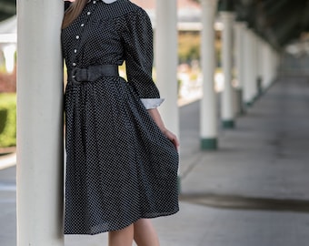 Vintage Black And White Polka Dot Dress (Size Medium)