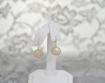 14k YG Filligree Style Dangle Earrings With Cultured Pearl Accent Small