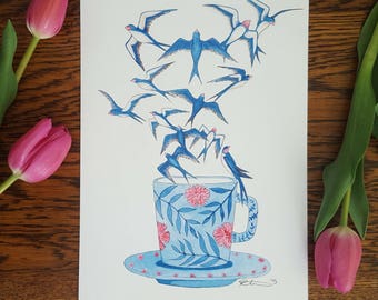 Coffee Cup Birds Watercolour A4