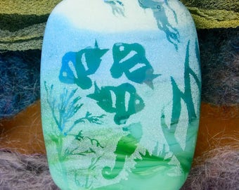 Lampwork Beads "Tropical Reef" Handmade Sandblasted Glass SRA ~ Watercolour Iridescent Lustre Picture Bead ~ Sky & Aqua