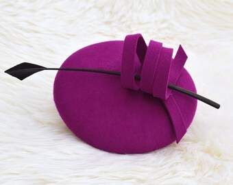 Purple Wool Felt Flower Handmade Cocktail Fascinator Beret Hat for wedding