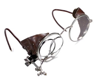 Steampunk Goggles Vintage WILLSON Goggles Aviator Glasses Brown PERFORATED Leather Side Shield LOUPES Burning Man - Steampunk by edmdesigns
