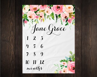 Girl Milestone Blanket Month Growth Tracker Minky Fleece Blanket Custom Personalized Baby Shower Gift Watercolor Floral Newborn