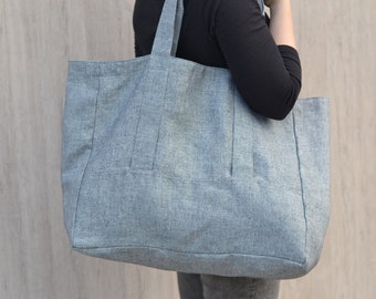 Linen Canvas Bag, Linen Tote Bag, Blue and White linen tote, Handbag, Travel gab, Shoulder bag, Two colors, Inside zipper pocket, Durable