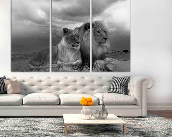 3 Panel Canvas Split, black and white African Lion and Lioness pair resting, canvas art,Interior design,Decoration, Photo gift,Lion wall art