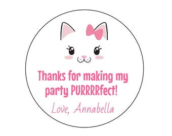 12 Cat Face Stickers, Kitty Party, Kitten Theme, Girl Cat, Cat with Bow, Cat Labels, Cat Birthday, First Birthday, Cat Lover, Cat Favors
